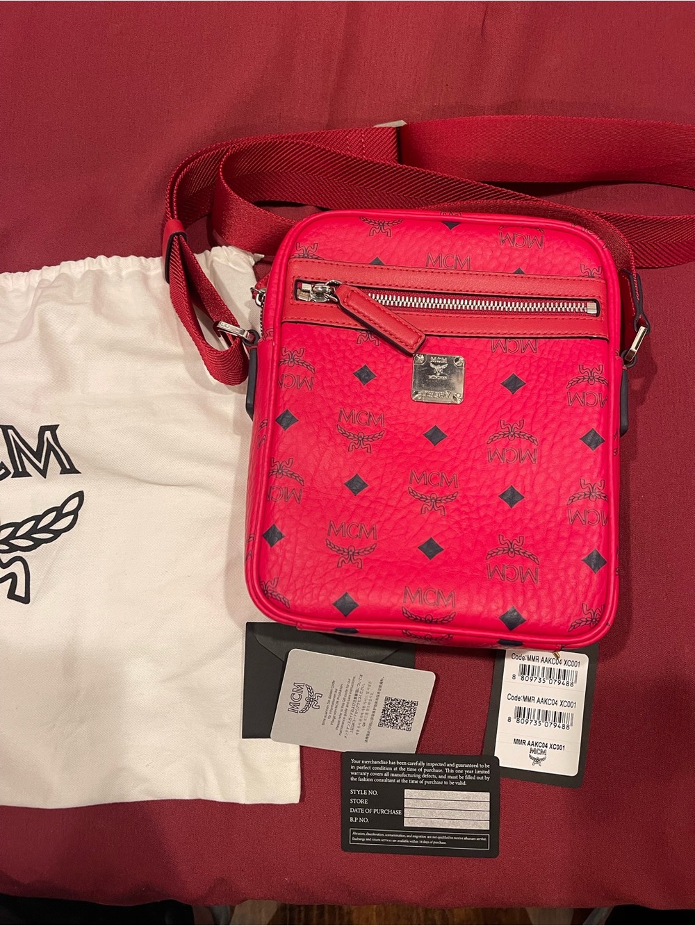 MCM Red Monogram Crossbody Bag with Silver Hardware